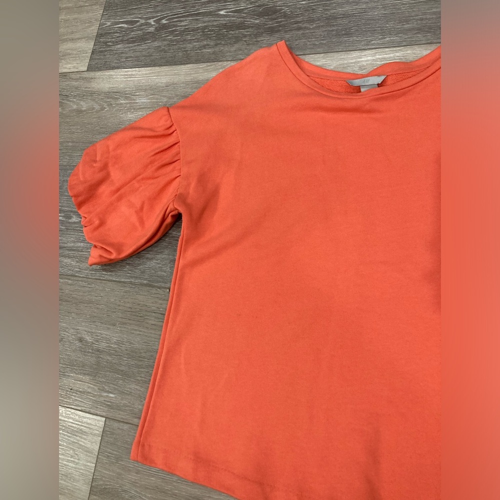 H&M Peach Orange Short Sleeve Top Small Puff Sleeves Cotton - Picture 3 of 11